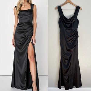 NWOT Stunning Arrival Black Satin Off-The-Shoulder Maxi Dress
